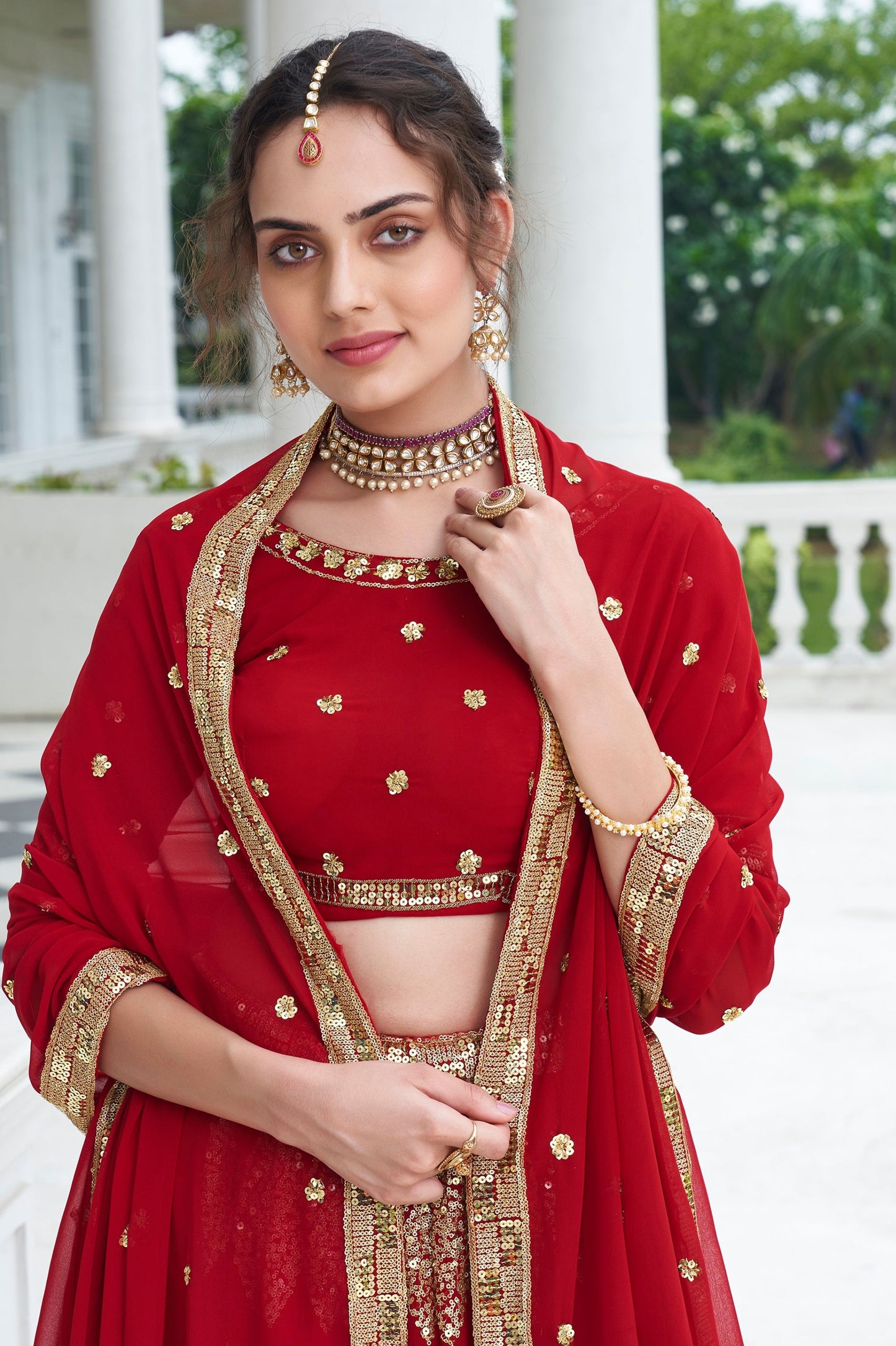 Red Heavy Georgette Sequence Worked Wedding Wear Lehenga Choli