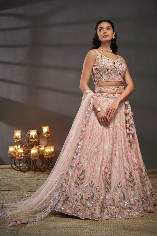 Peach Designer Poly Chiffon Embroidery Worked Indian Wedding & Function Wear Lehenga Choli