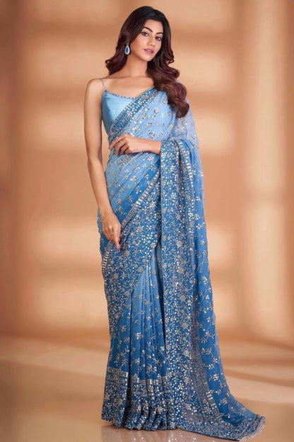 Blue Designer Georgette Sequence Worked Party Wear Saree