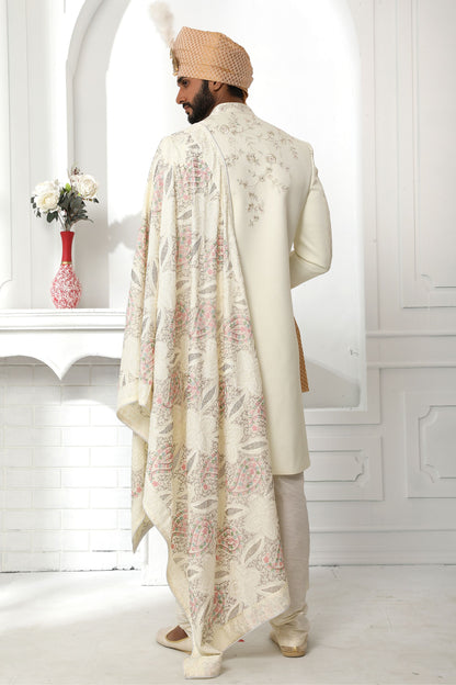 Designer Cream Heavy Art Silk Embroidery Worked Wedding & Festival Wear Sherwani