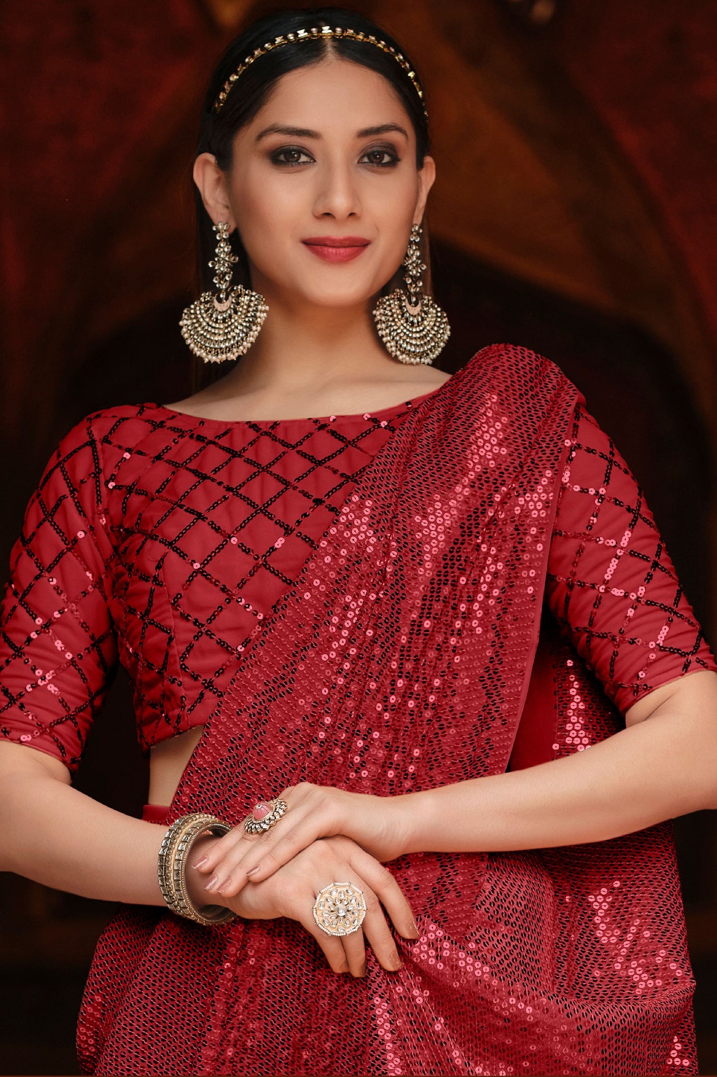 Red Heavy Georgette Sequence Worked Party Wear Saree