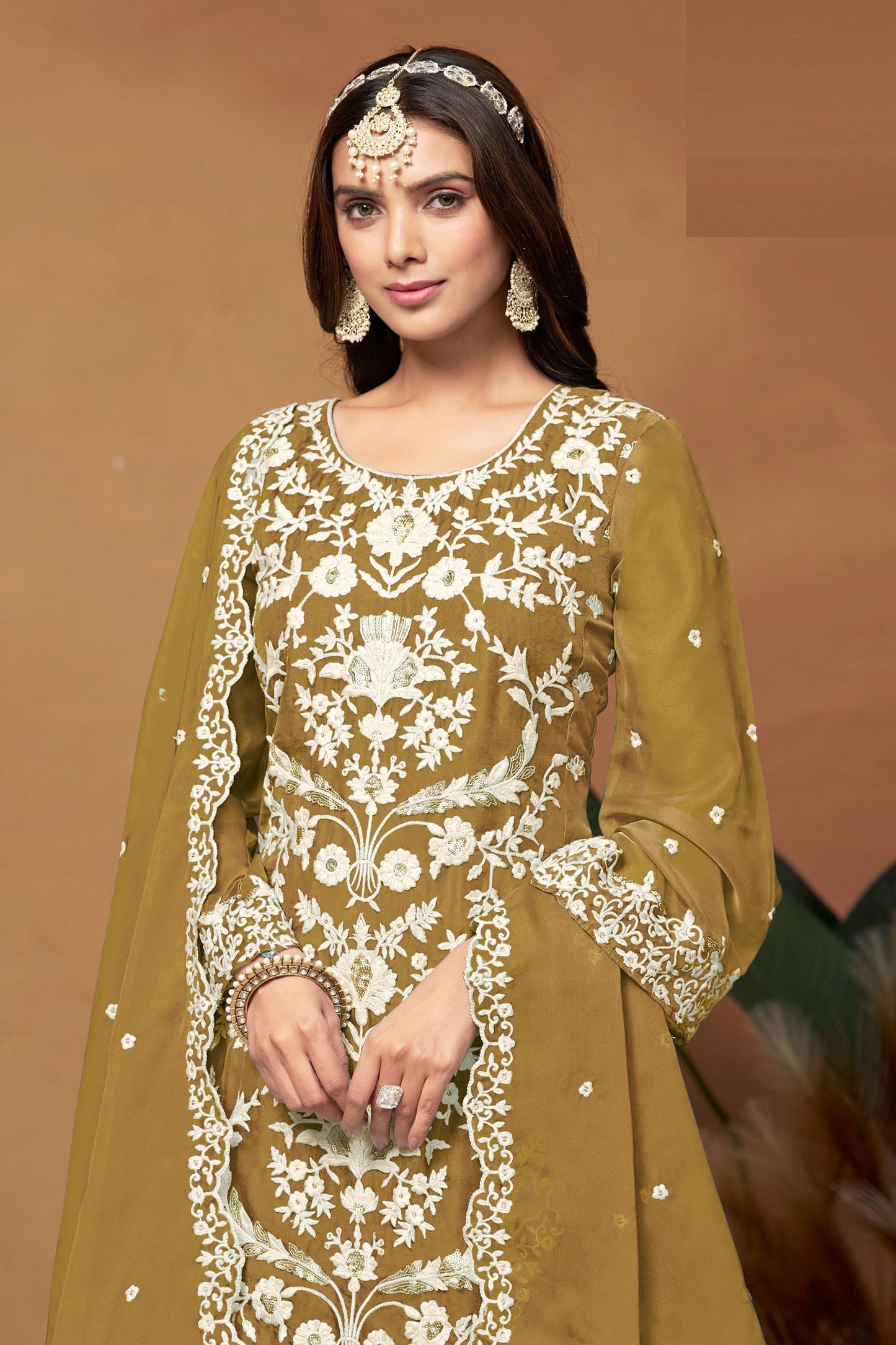 Mustard Colored Organza Salwar Suit With Beautiful Dupatta , Pakistani Festival Wear Straight Cut Salwar Kameez - Marriott Fashion