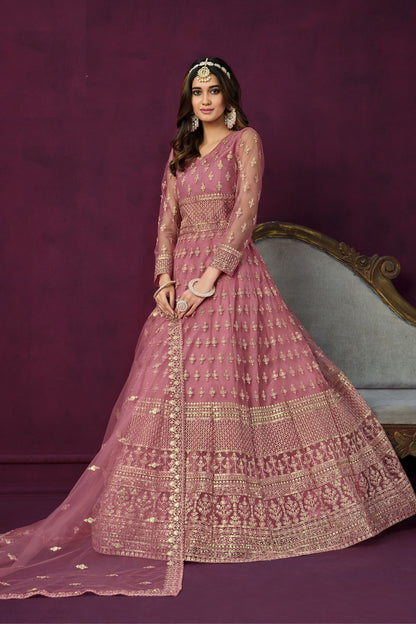 Pink Fancy Net Embroidered For Indian Wedding And Festival Wear Anarkali Gown