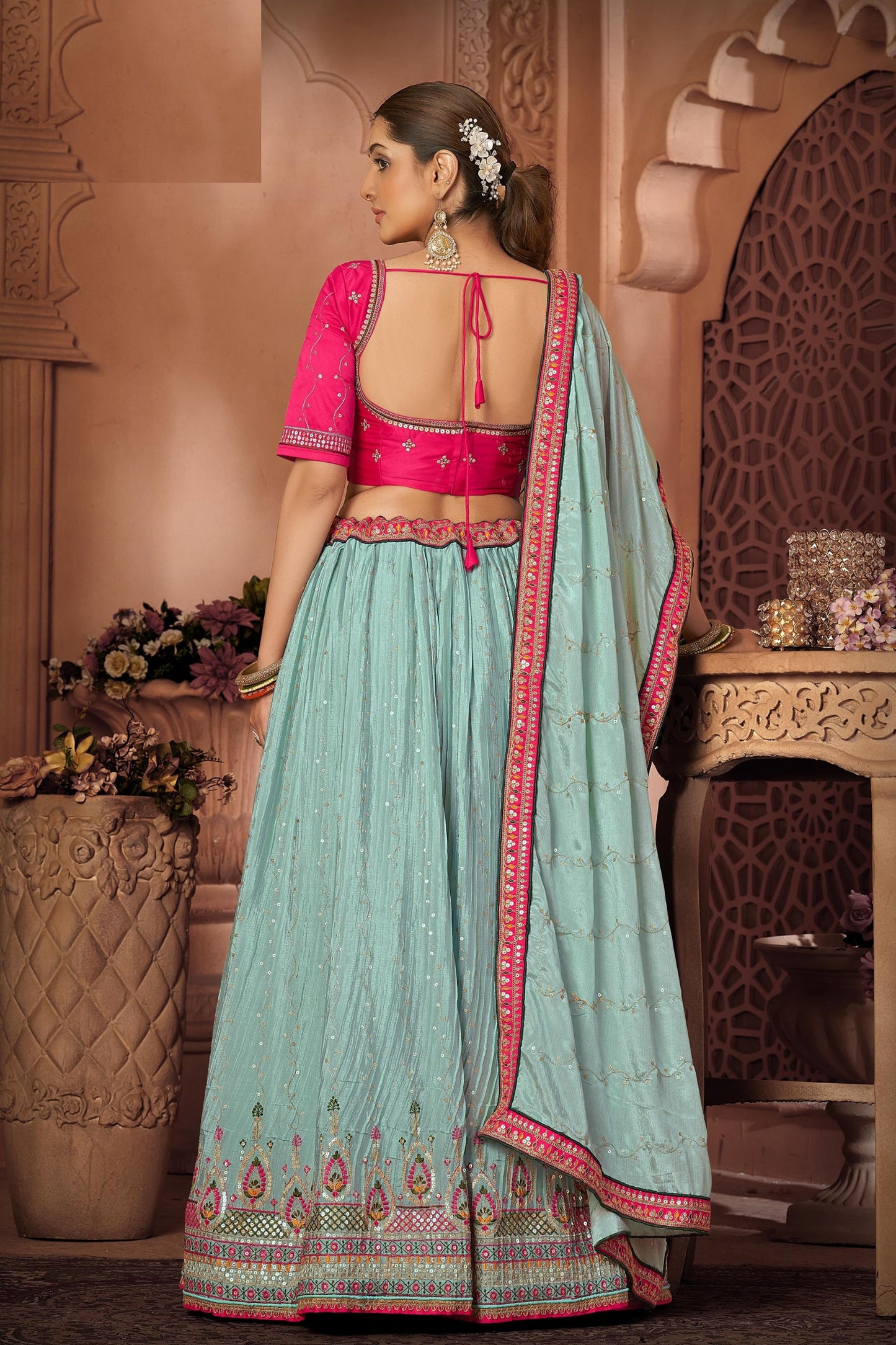 Turquoise Heavy Chinon Embroidery Worked Wedding Function Wear Lehenga Choli