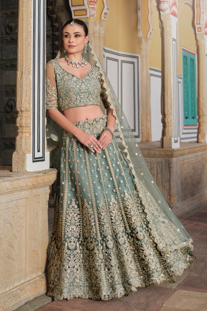 Mint Green Heavy Butterfly Net Wedding & Festival Wear Lehenga Choli