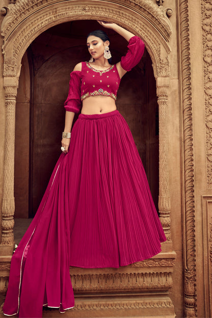 Rani Pink Faux Georgette Embroidery Worked Wedding Wear Ready Made Lehenga Choli