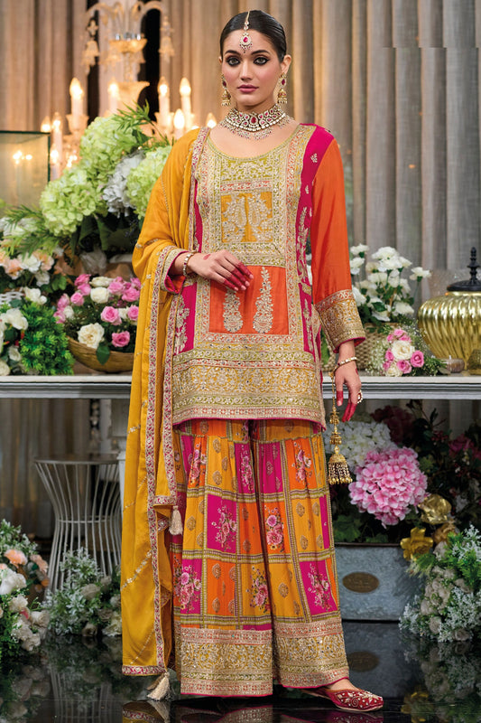 Orange Heavy Chinon Embroidered Pakistani Function Wear Palazzo Suits