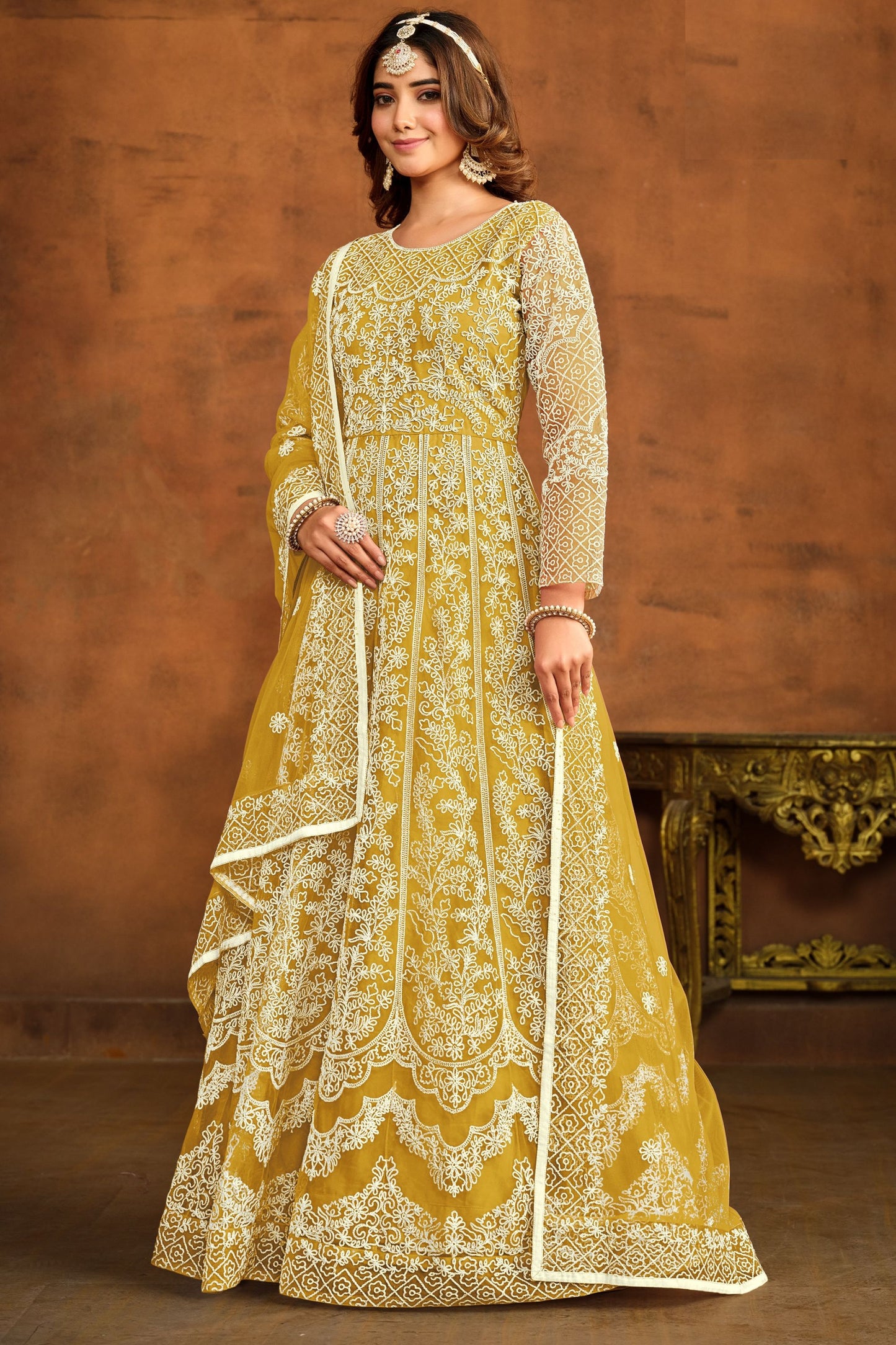 Yellow Heavy Net Embroidery Worked Wedding & Function Wear Anarkali Gown