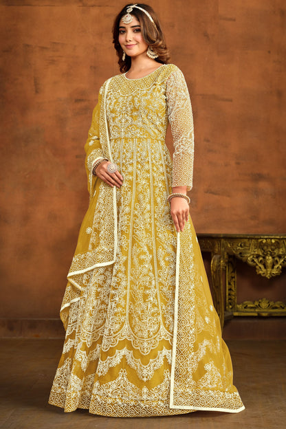 Yellow Heavy Net Embroidery Worked Wedding & Function Wear Anarkali Gown