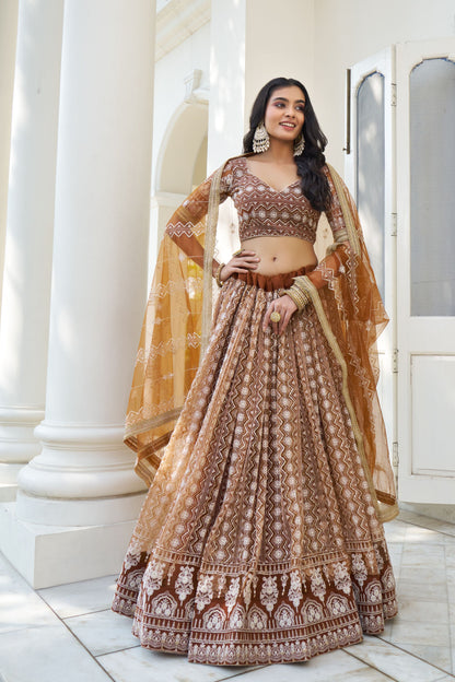 Engagement Wear Brown Colored Butterfly Net Lehenga With Dupatta, Embroidery & Thread Worked Lehenga Choli - Marriott Fashion