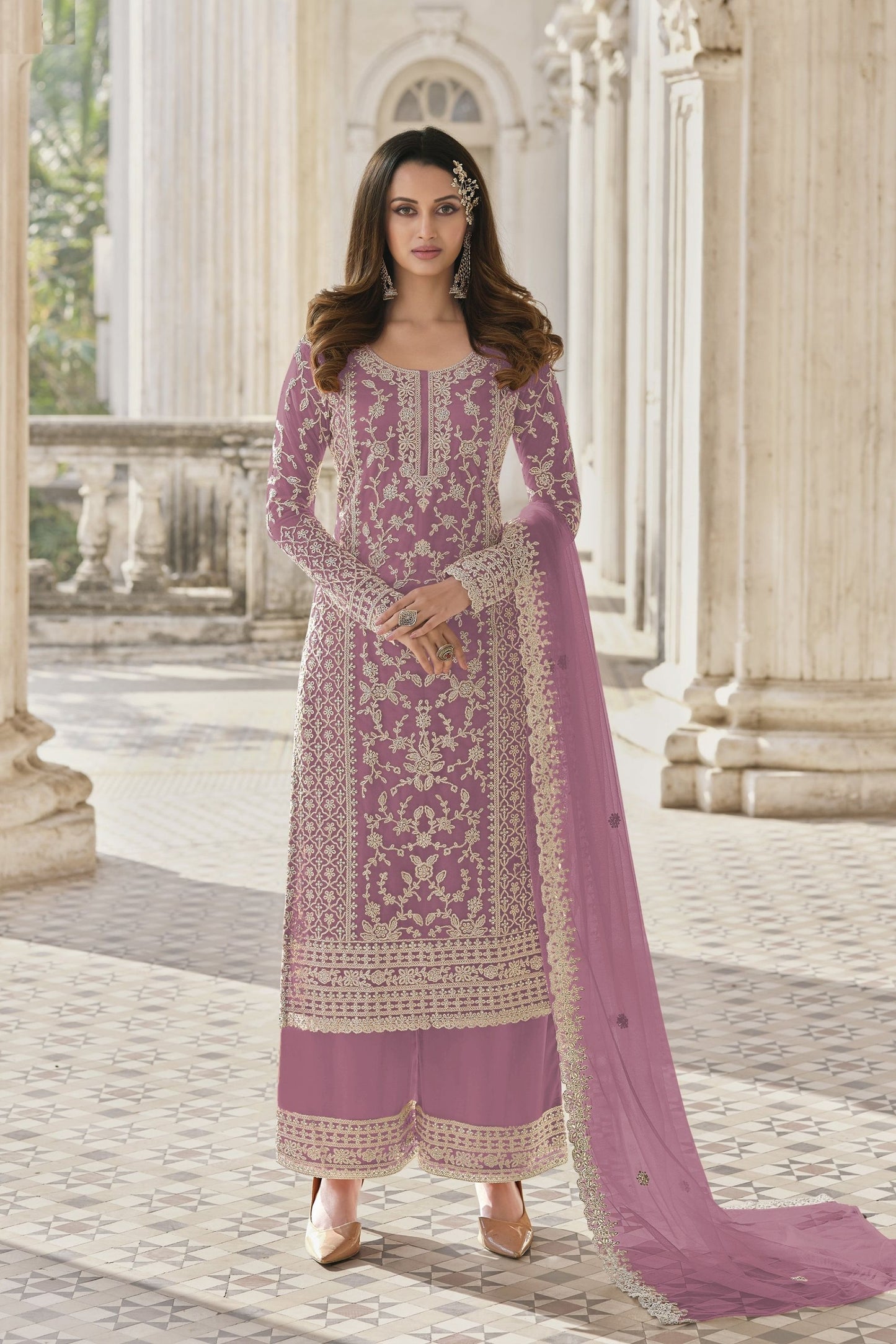 Pink Designer Palazzo Suit With Heavy Net With Dupatta, Attractive Outfit Wear Salwar Kameez - Marriott Fashion