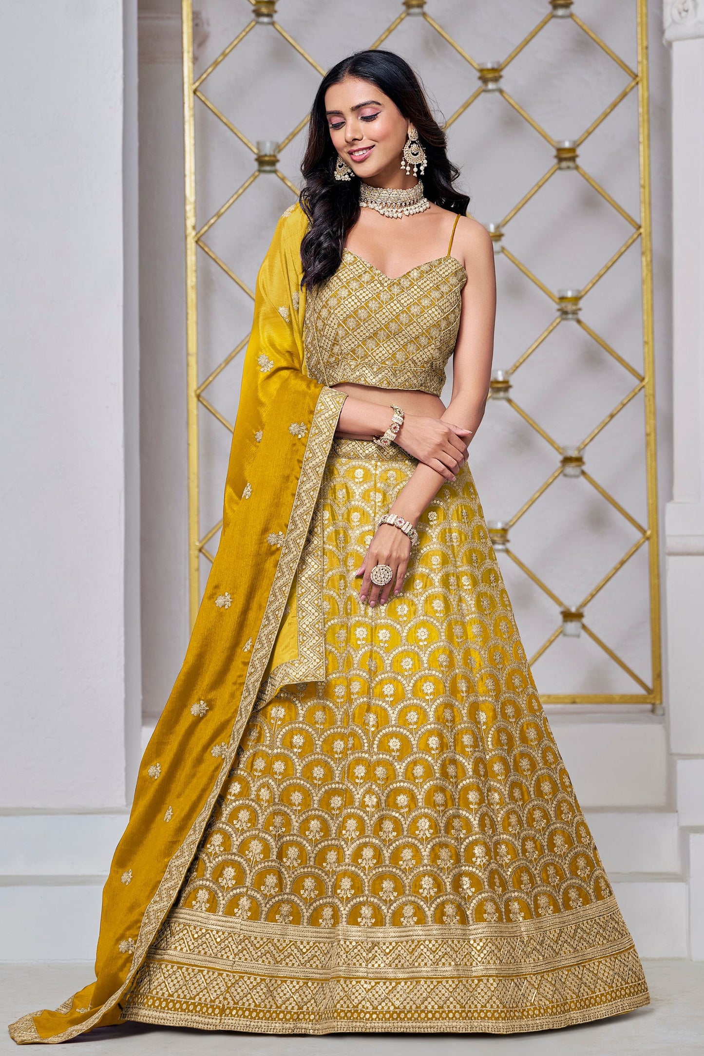 Yellow Colored Heavy Chinon Lehenga Choli With Embroidery & sequence Worked Dupatta - Marriott Fashion