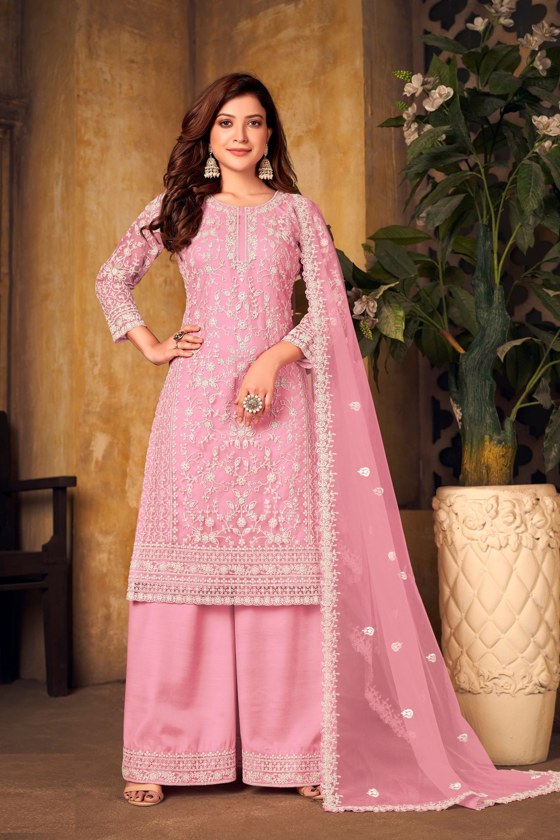 Pink Colored Heavy Net Salwar Kameez With Beautiful Dupatta, Indian Festival Wear Salwar Kameez Dupatta Dresses - Marriott Fashion