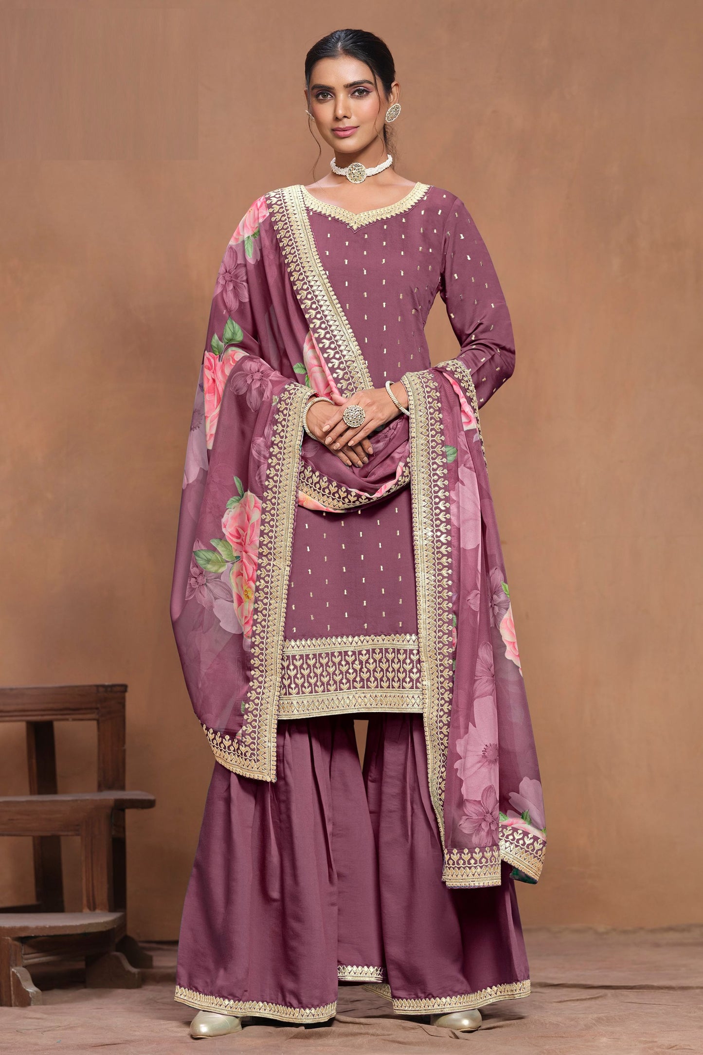 Purple Heavy Silk Embroidery Worked Indian Festival Wear Palazzo Suit