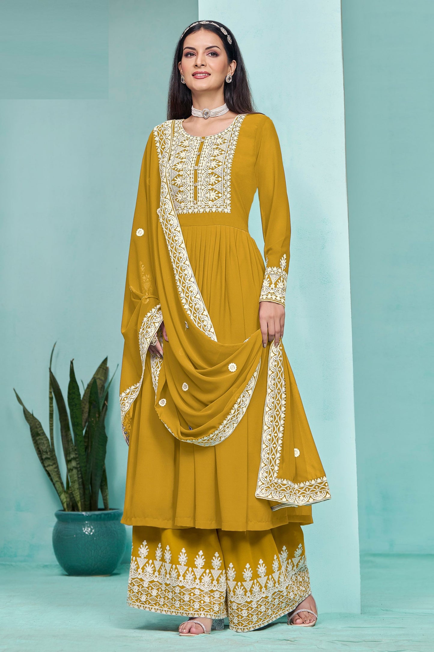 Yellow faux Georgette Thread & Embroidery Work For Indian Wedding Festival Wear Salwar Kameez - Marriott Fashion