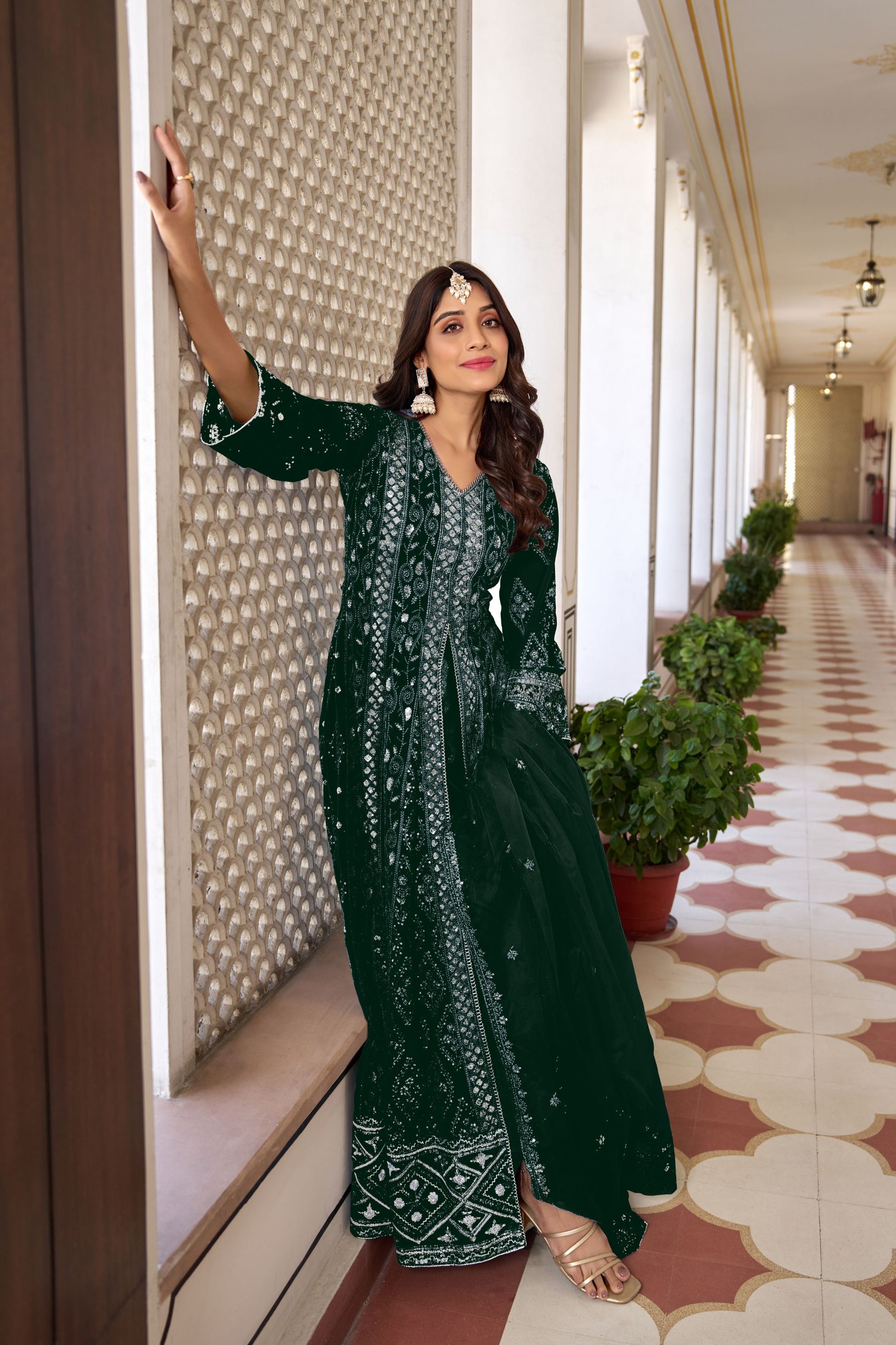 Mehendi Green Colored Georgette Anarkali Gown Suit With Embroidery Worked Organza Dupatta - Marriott Fashion