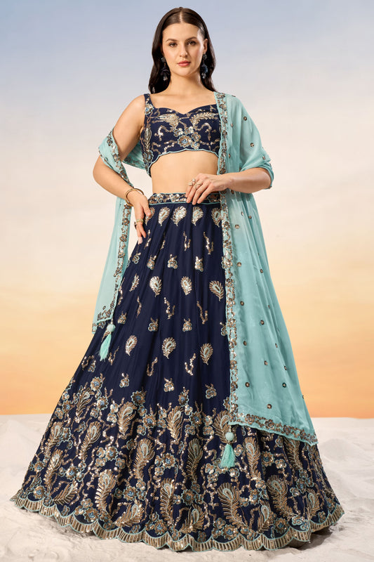 Navy Blue Georgette Sequence Worked Wedding And function Wear Lehenga Choli