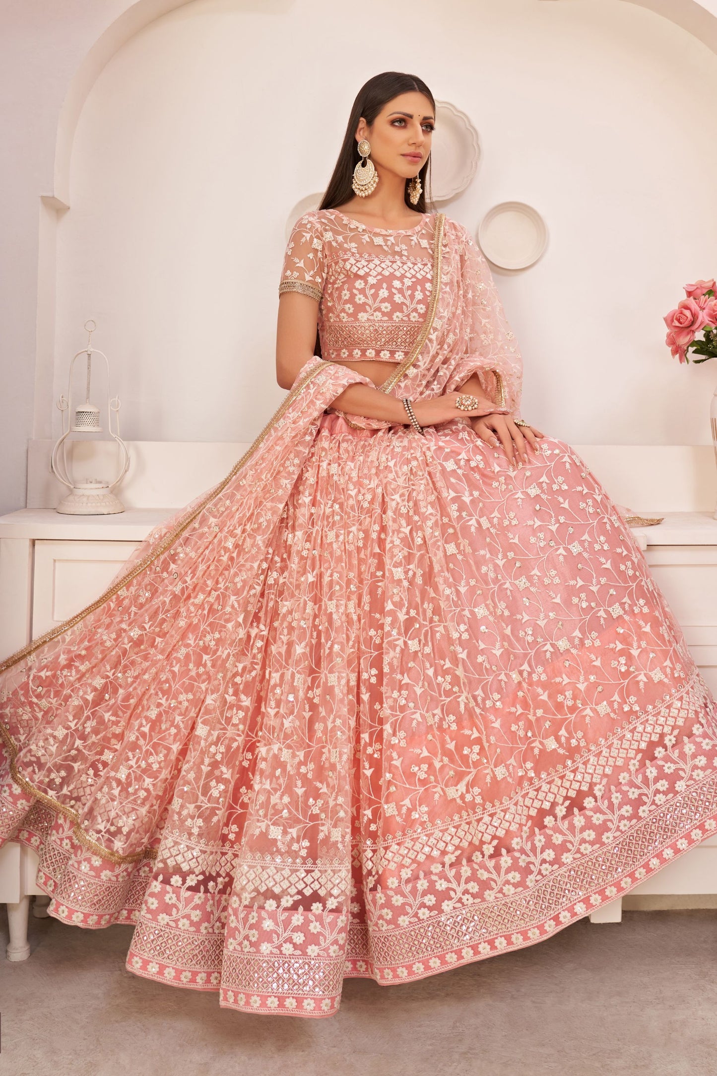 Pink Net Designer Fancy Style Lehenga With Designer Blouse For Indian Wedding & Festival Wear with Embroidery & Sequence Work - Marriott Fashion