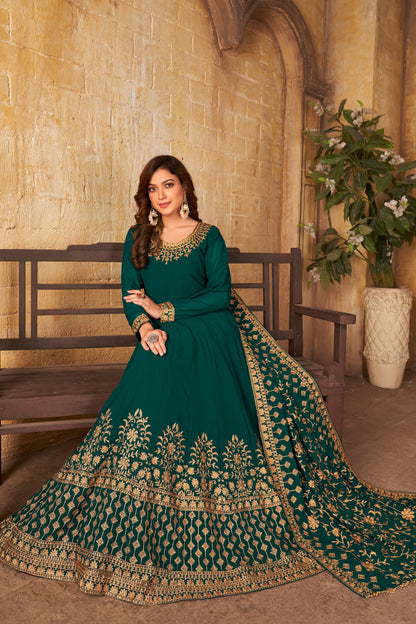 Green Heavy Georgette Embroidery Worked Wedding & Festival Wear Anarkali Gown