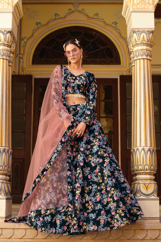 Mor peach Crushed Silk Wedding Function Wear Printed Lehenga Choli