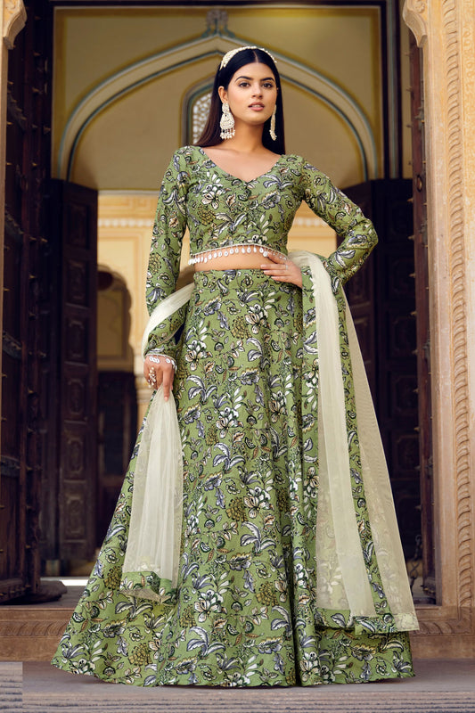 Green Crushed Silk Wedding Function Wear Printed Lehenga Choli