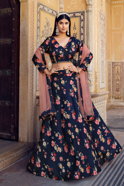 Blue Crushed Silk Wedding & Party Wear Printed Lehenga Choli