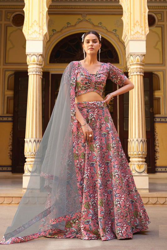 Pink Crushed Silk Wedding Function Wear Printed Lehenga Choli