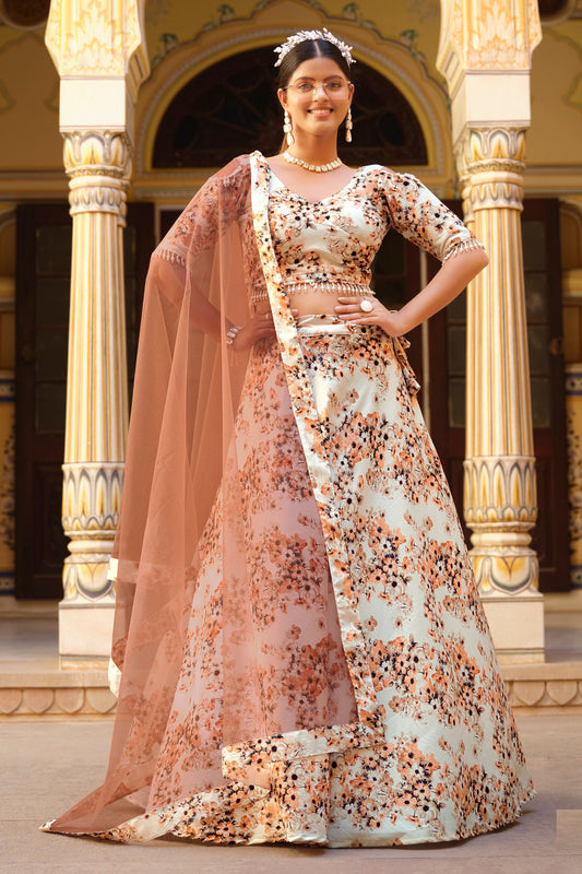 Off White Crushed Silk Wedding Function & Party Wear Printed Lehenga Choli