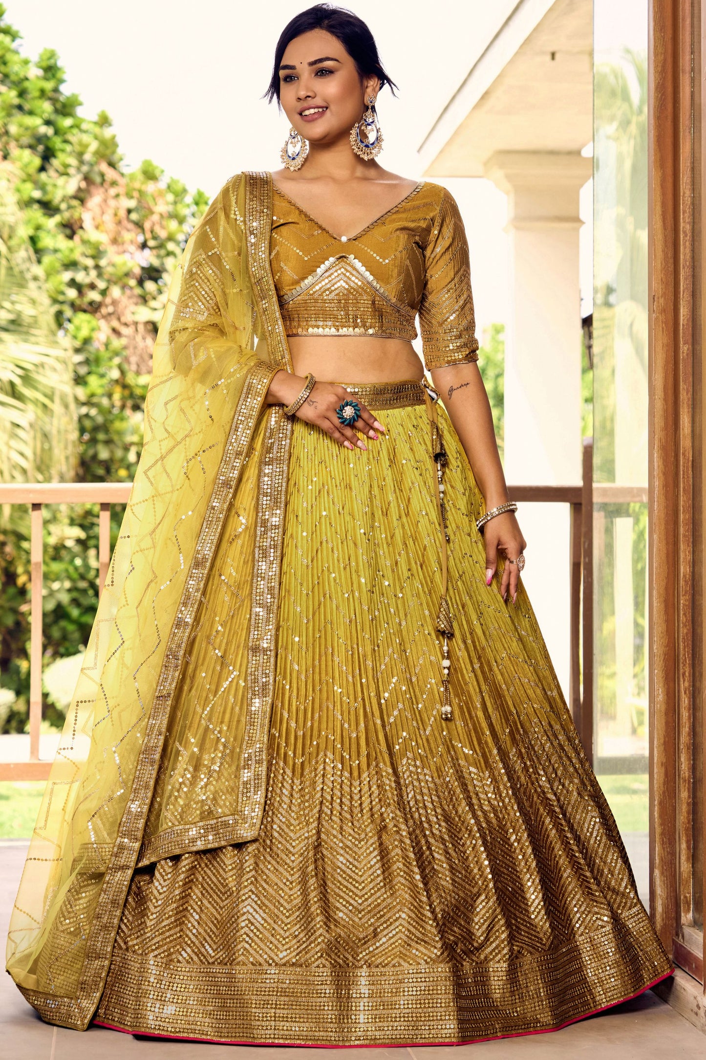 Mustard Colored Fancy Lehenga Choli in Chinon, Designer Blouse Piece With Soft Net Dupatta - Marriott Fashion