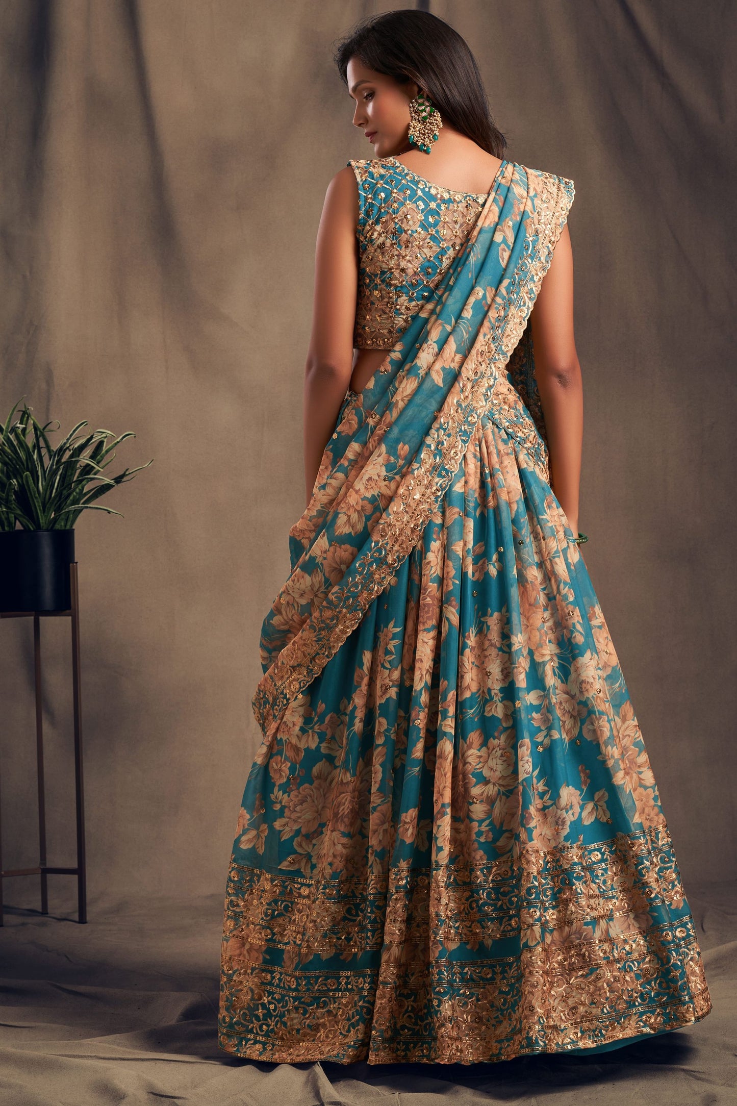 Teal Blue Organza Sequence And Zari Worked Festival Wear Printed Lehenga Choli