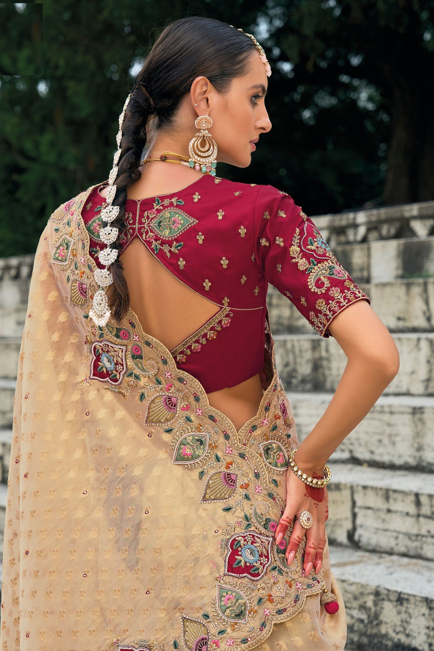 Marron Pure Bandhej Silk Mirror And Thread Worked Indian Wedding Wear Saree