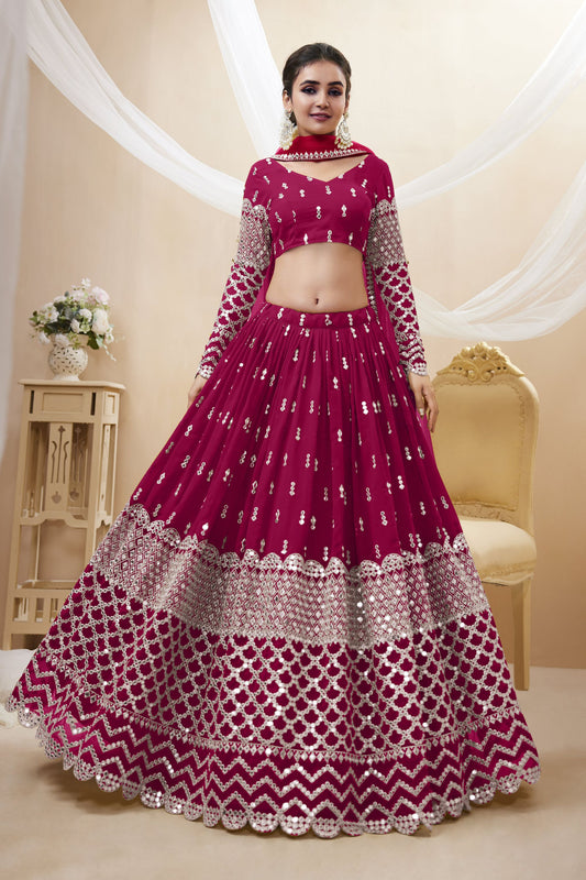 Beautiful Rani Pink Colored Lehenga In Georgette, Designer Blouse With Embroidery Worked Dupatta - Marriott Fashion