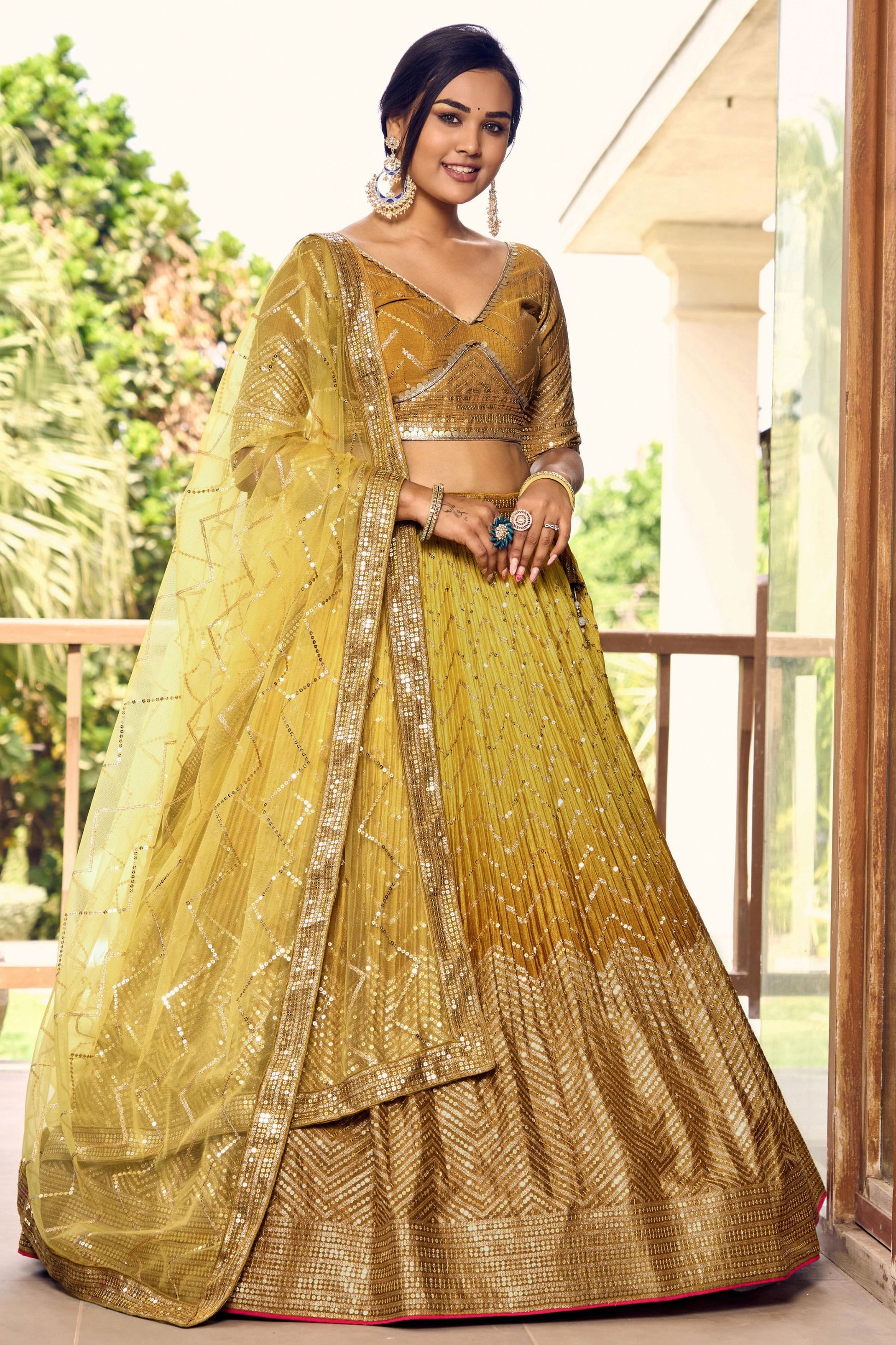 Mustard Colored Fancy Lehenga Choli in Chinon, Designer Blouse Piece With Soft Net Dupatta - Marriott Fashion