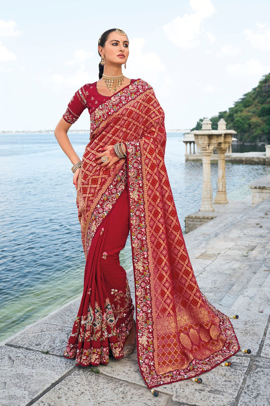 Marron Pure Bandhej Silk Mirror And Thread Worked Indian Wedding Wear Saree