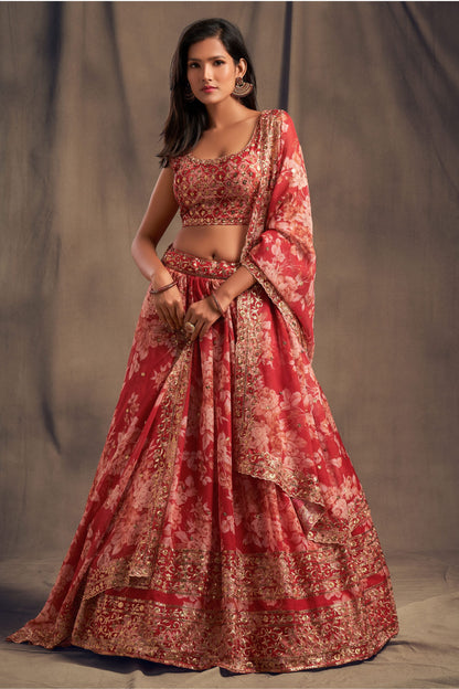 Red Printed Heavy Organza Sequence And Zari Worked For Indian Wedding & Festival Wear Lehenga Choli