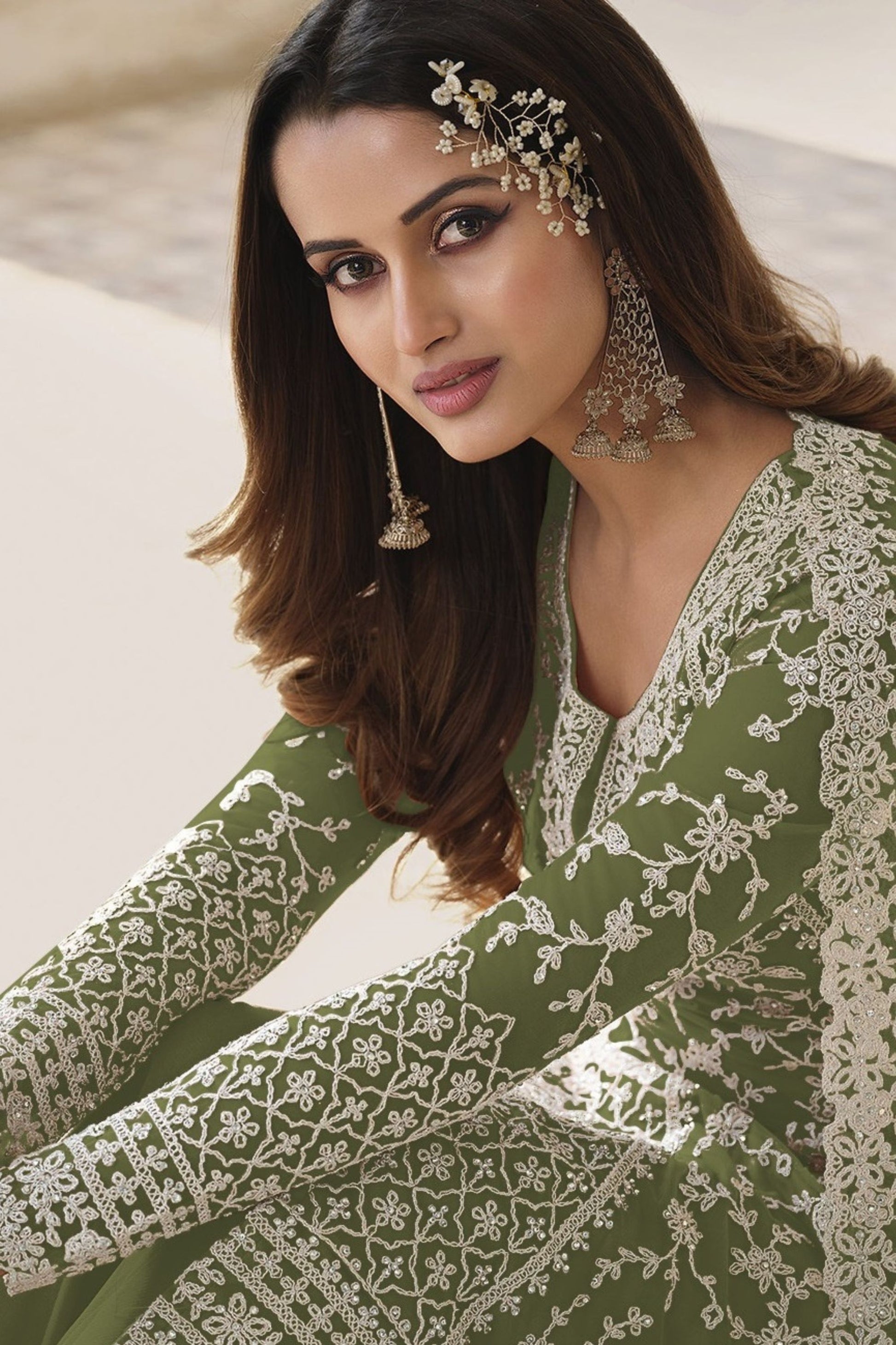 Mehendi Green Butterfly Net Salwar Kameez With Stone Worked Designer Embroidered Dupatta Salwar Kameez - Marriott Fashion