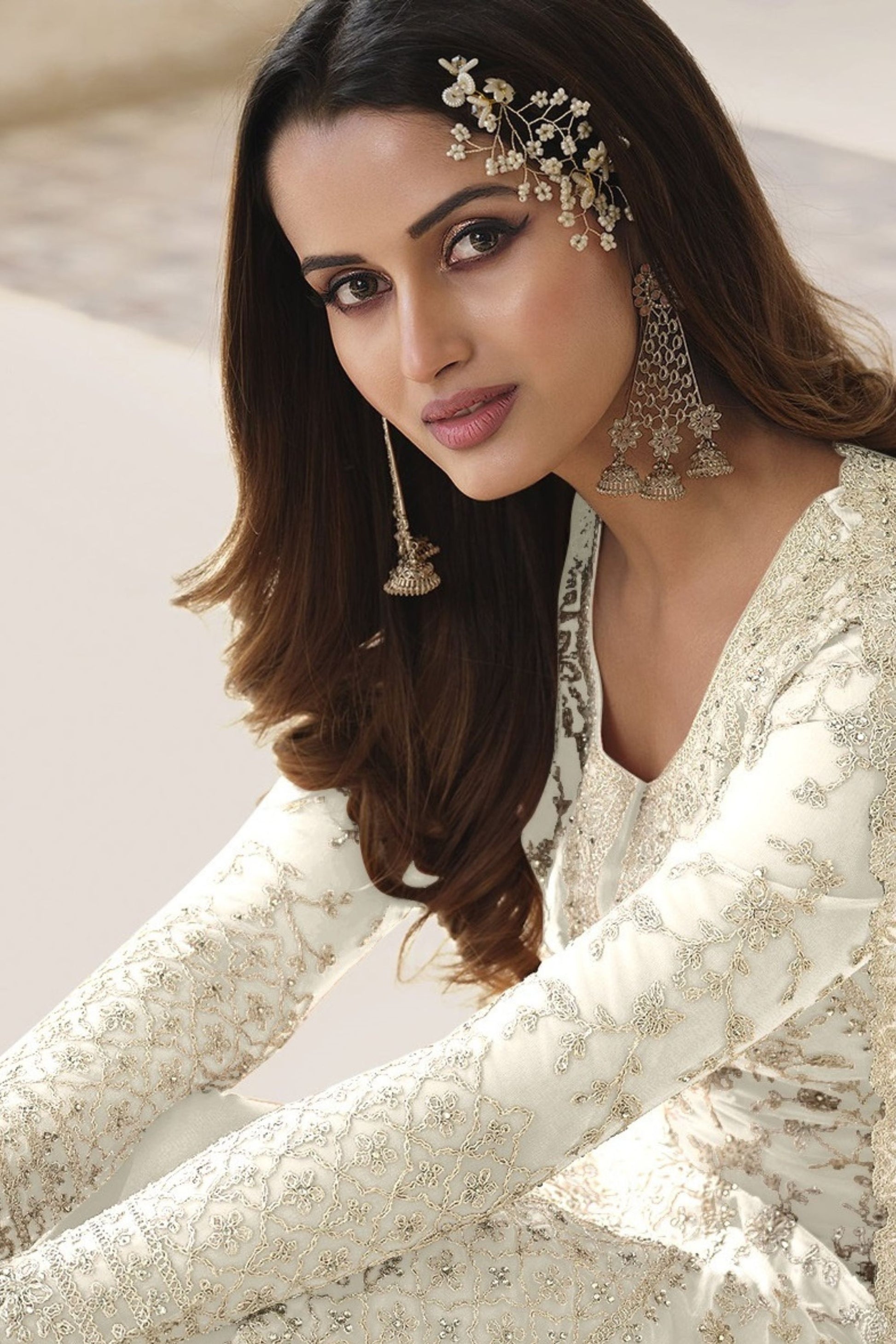 Pakistani Outfit Wear White Colored Butterfly Net Salwar Suits With Embroidery Worked Designer Dupatta - Marriott Fashion