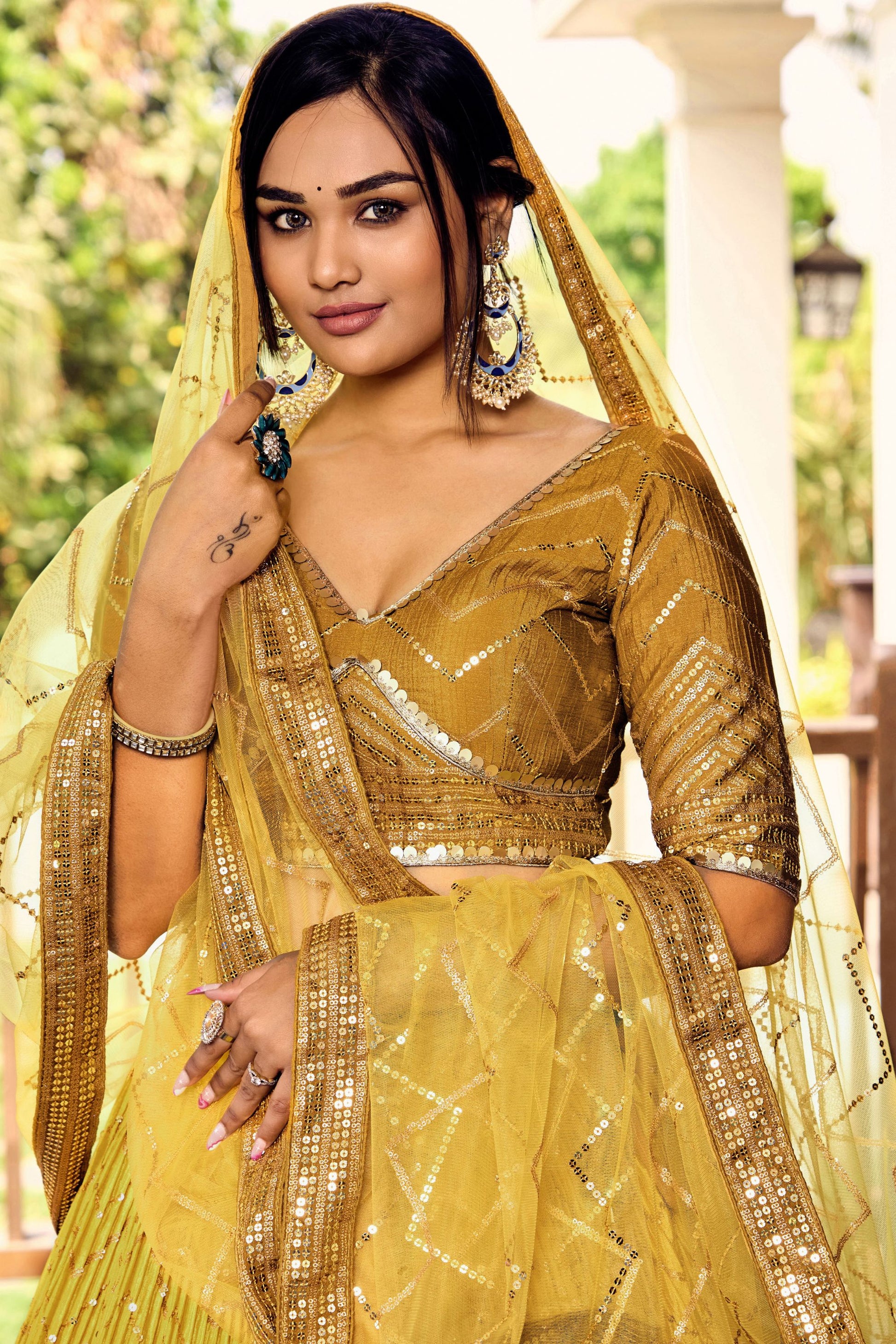 Mustard Colored Fancy Lehenga Choli in Chinon, Designer Blouse Piece With Soft Net Dupatta - Marriott Fashion