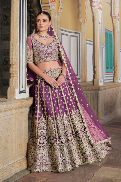 Purple Heavy Butterfly Net Embroidery Worked Wedding & Festival Wear Lehenga Choli