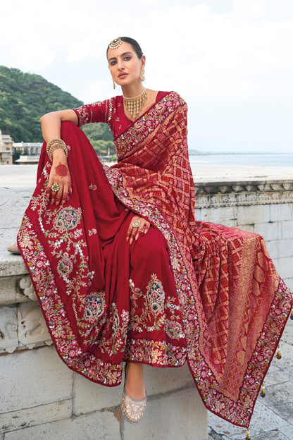 Marron Pure Bandhej Silk Mirror And Thread Worked Indian Wedding Wear Saree