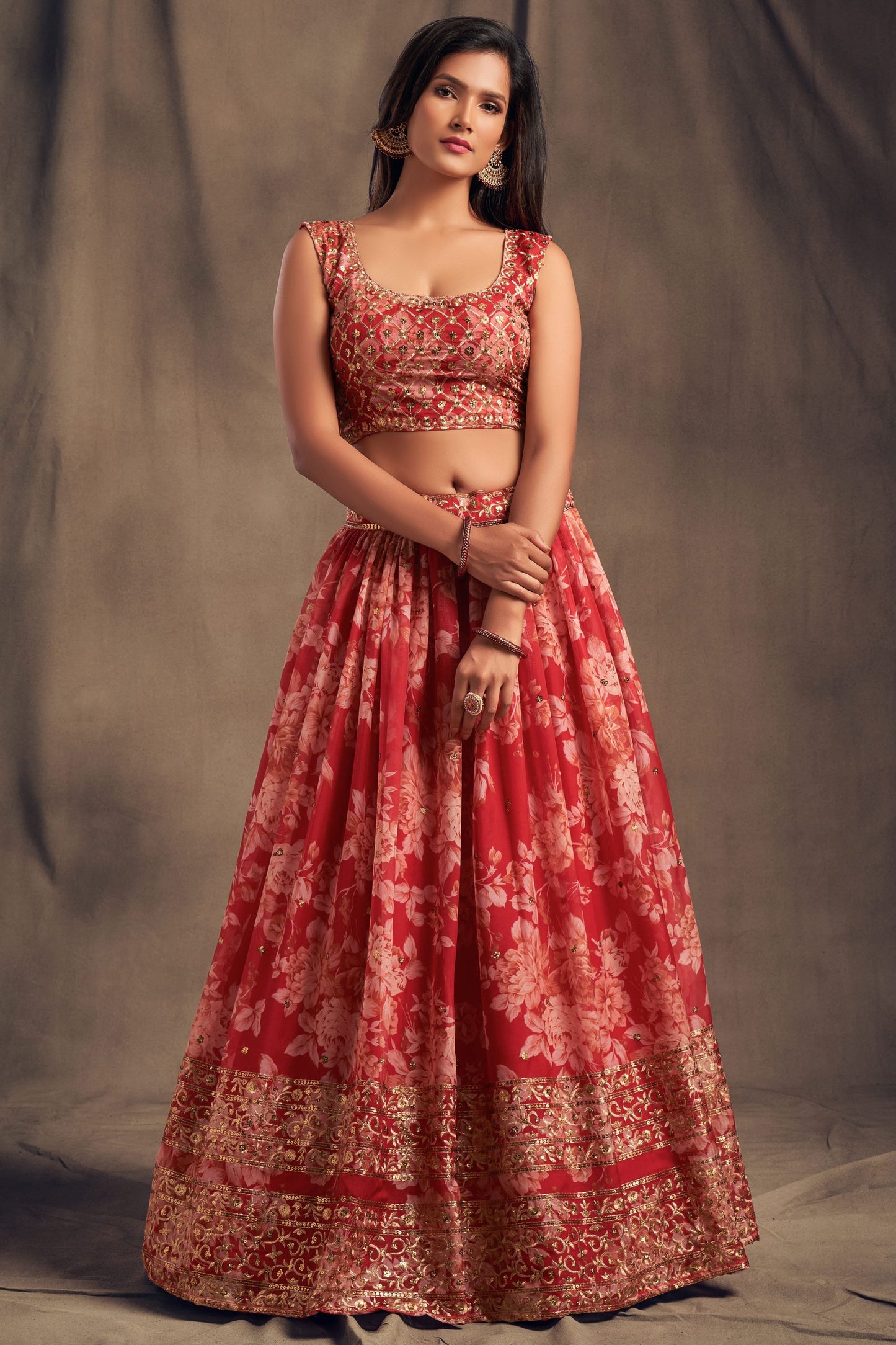 Red Printed Heavy Organza Sequence And Zari Worked For Indian Wedding & Festival Wear Lehenga Choli