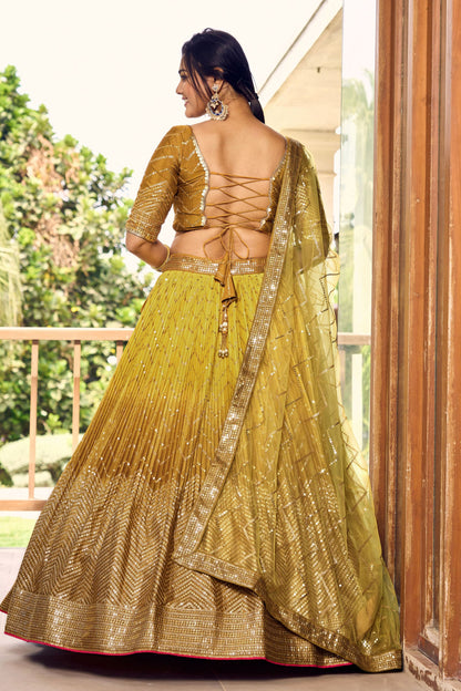 Mustard Colored Fancy Lehenga Choli in Chinon, Designer Blouse Piece With Soft Net Dupatta - Marriott Fashion