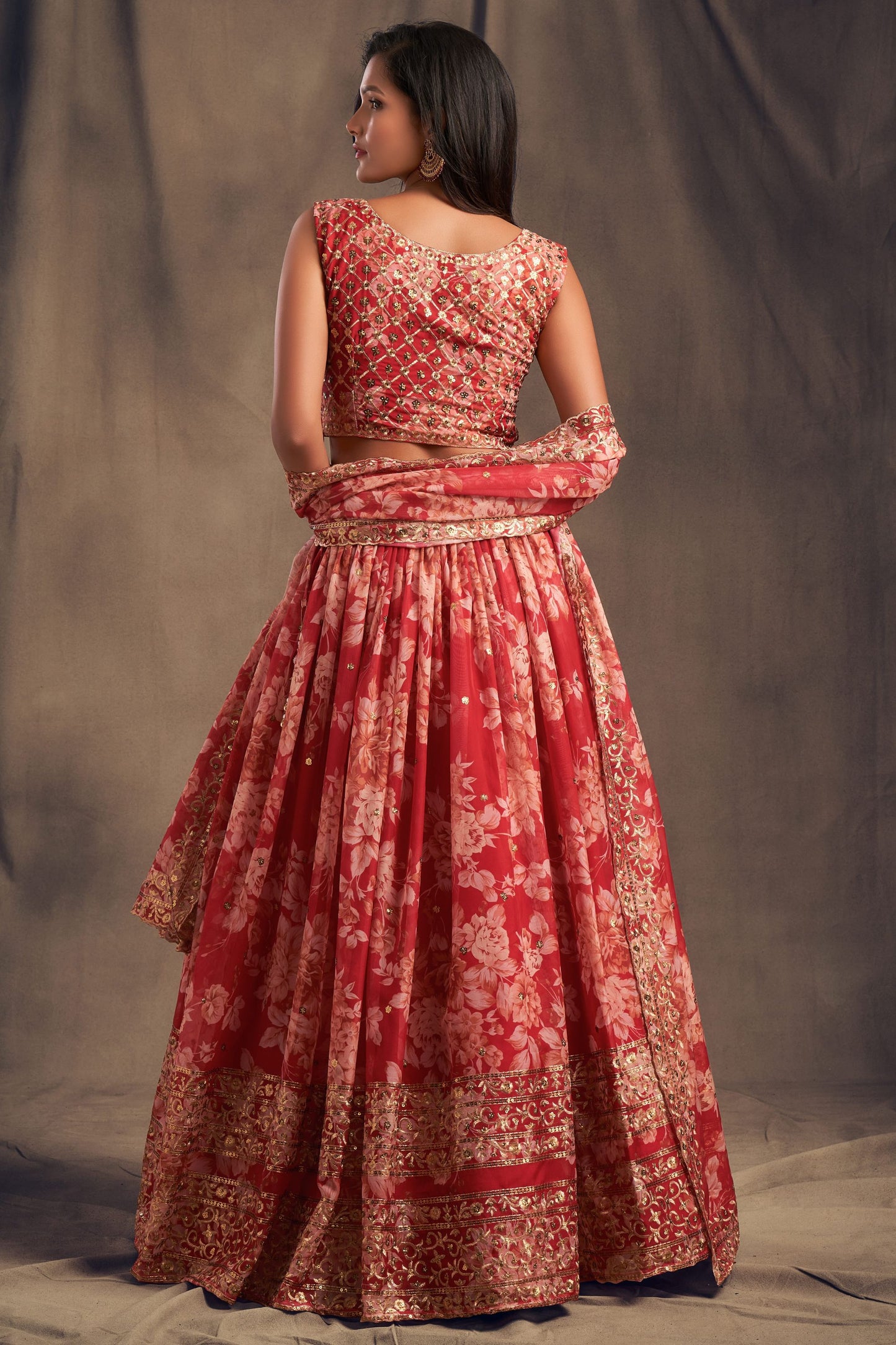 Red Printed Heavy Organza Sequence And Zari Worked For Indian Wedding & Festival Wear Lehenga Choli