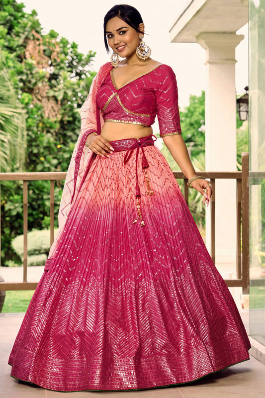 Most Beautiful Pink Colored Heavy Chinon Silk Floral Lehenga choli With Embroidery Worked Dupatta - Marriott Fashion