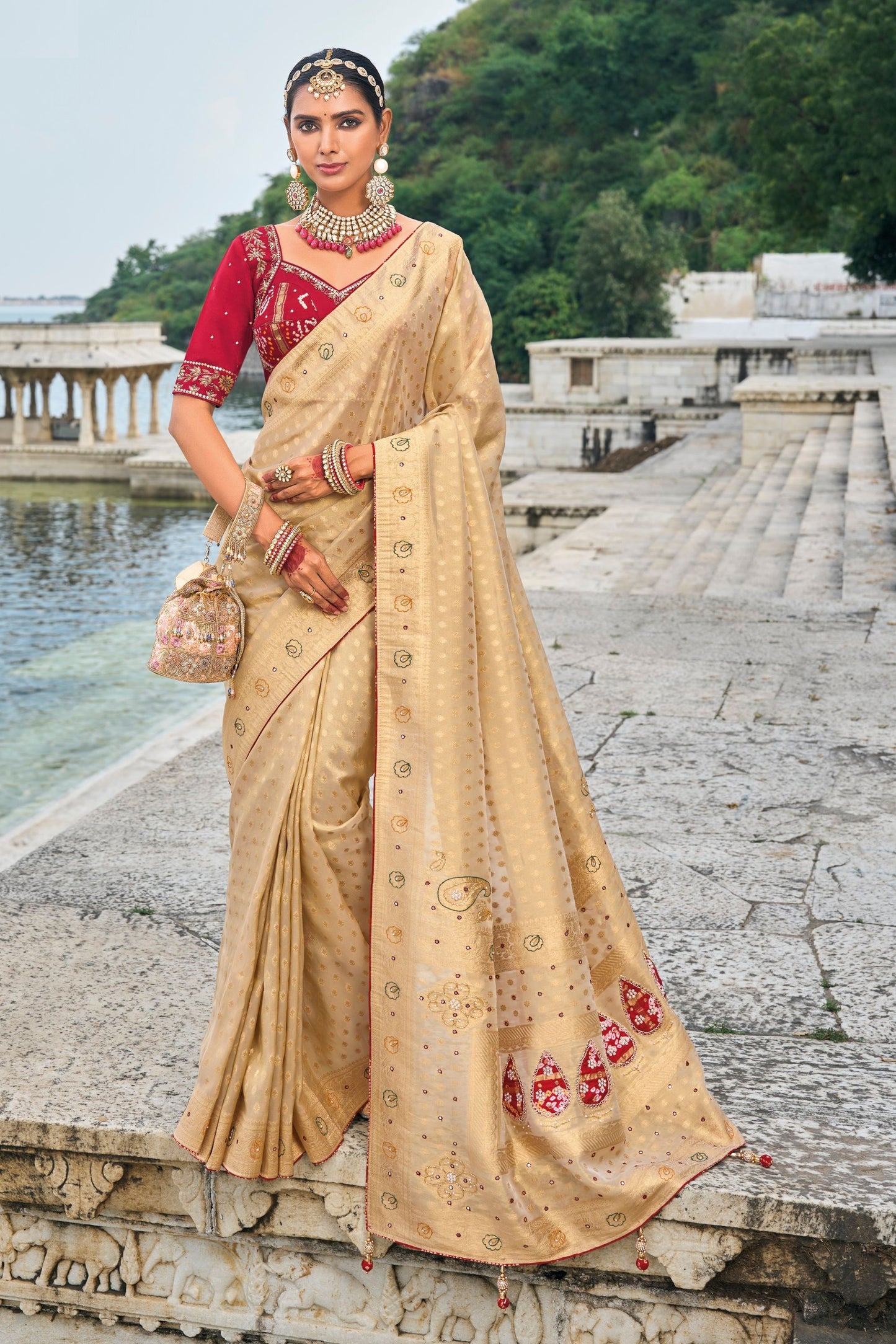 Chiku Pure Kanjivaram Silk Moti And Cut-Dana Worked Indian Wedding Wear Saree