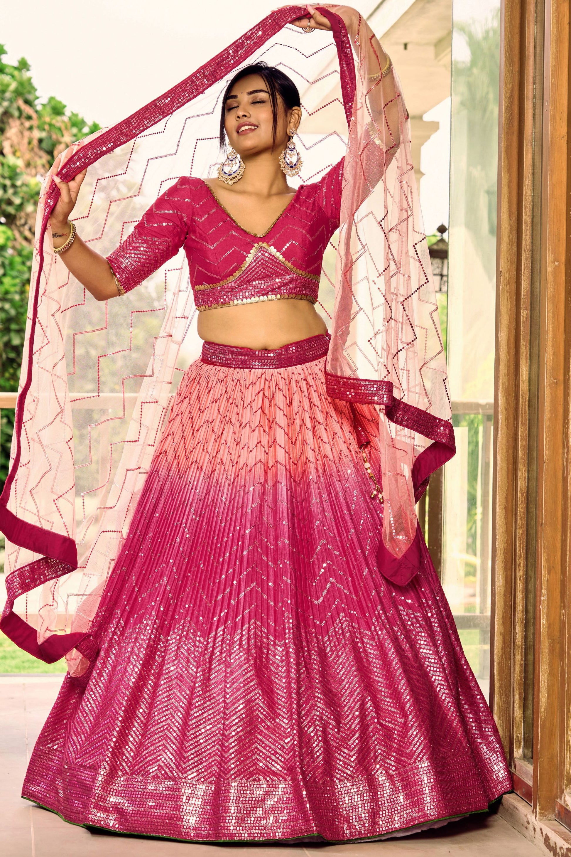 Most Beautiful Pink Colored Heavy Chinon Silk Floral Lehenga choli With Embroidery Worked Dupatta - Marriott Fashion