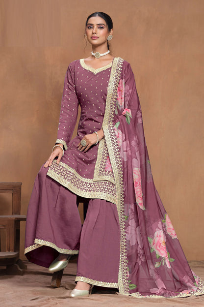 Purple Heavy Silk Embroidery Worked Indian Festival Wear Palazzo Suit