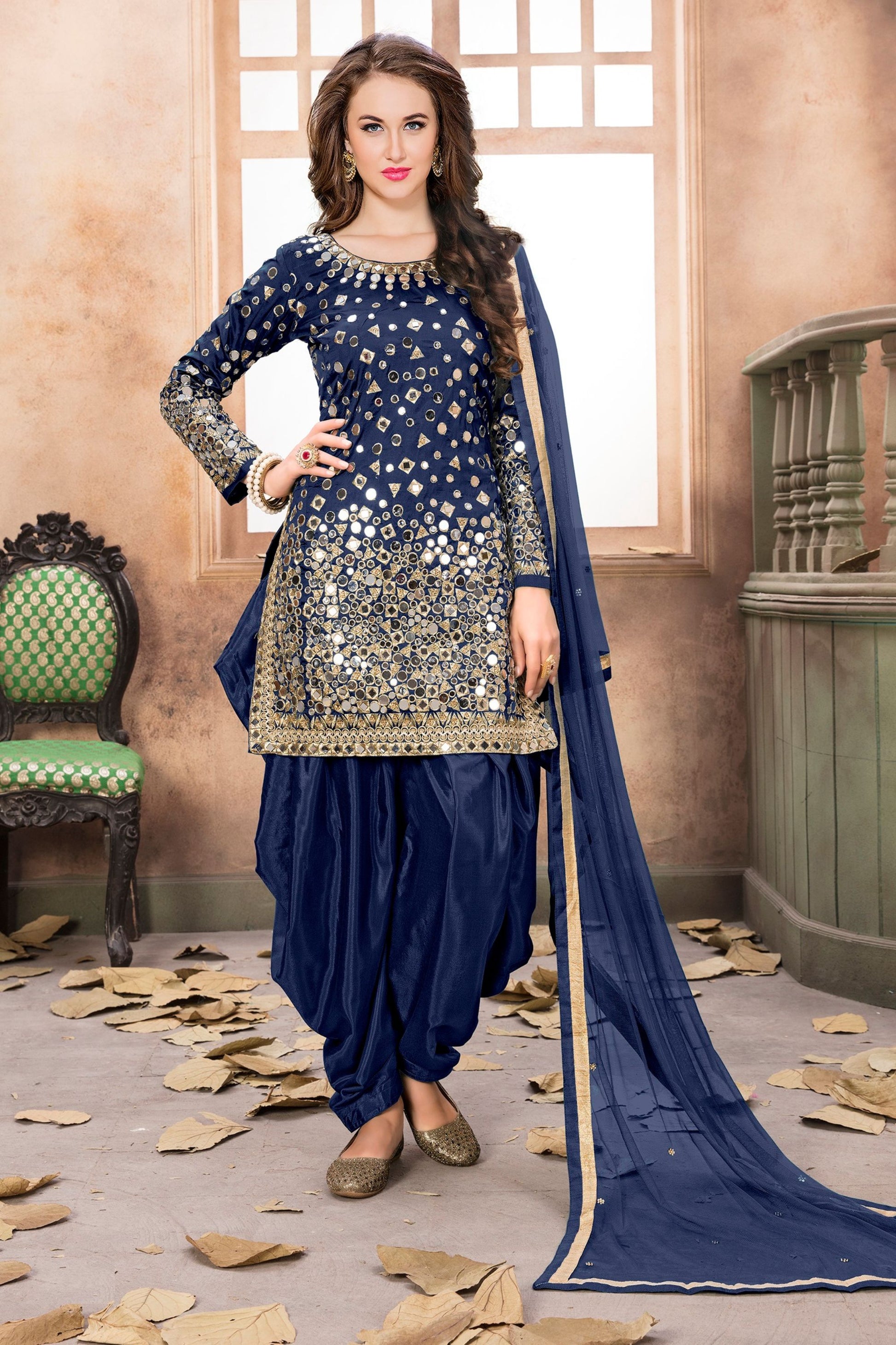 Blue Colored Taffeta Silk Patiyala Suits With Designer Net Dupatta, Heavy Mirror Worked Punjabi Dresses - Marriott Fashion