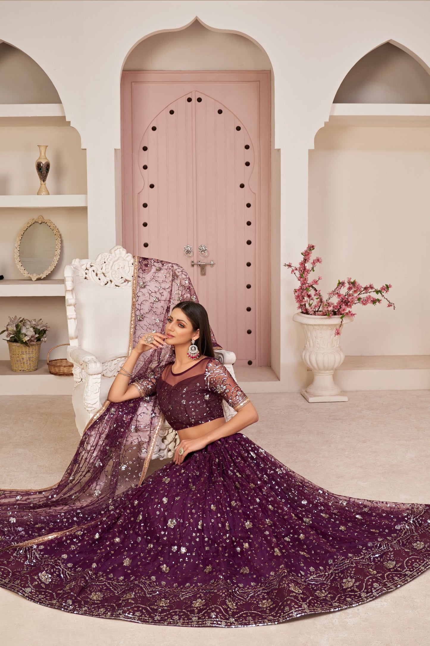 Wine Colored Heavy Net Lehenga With Unstitched Blouse Piece & Sequence Worked Dupatta - Marriott Fashion