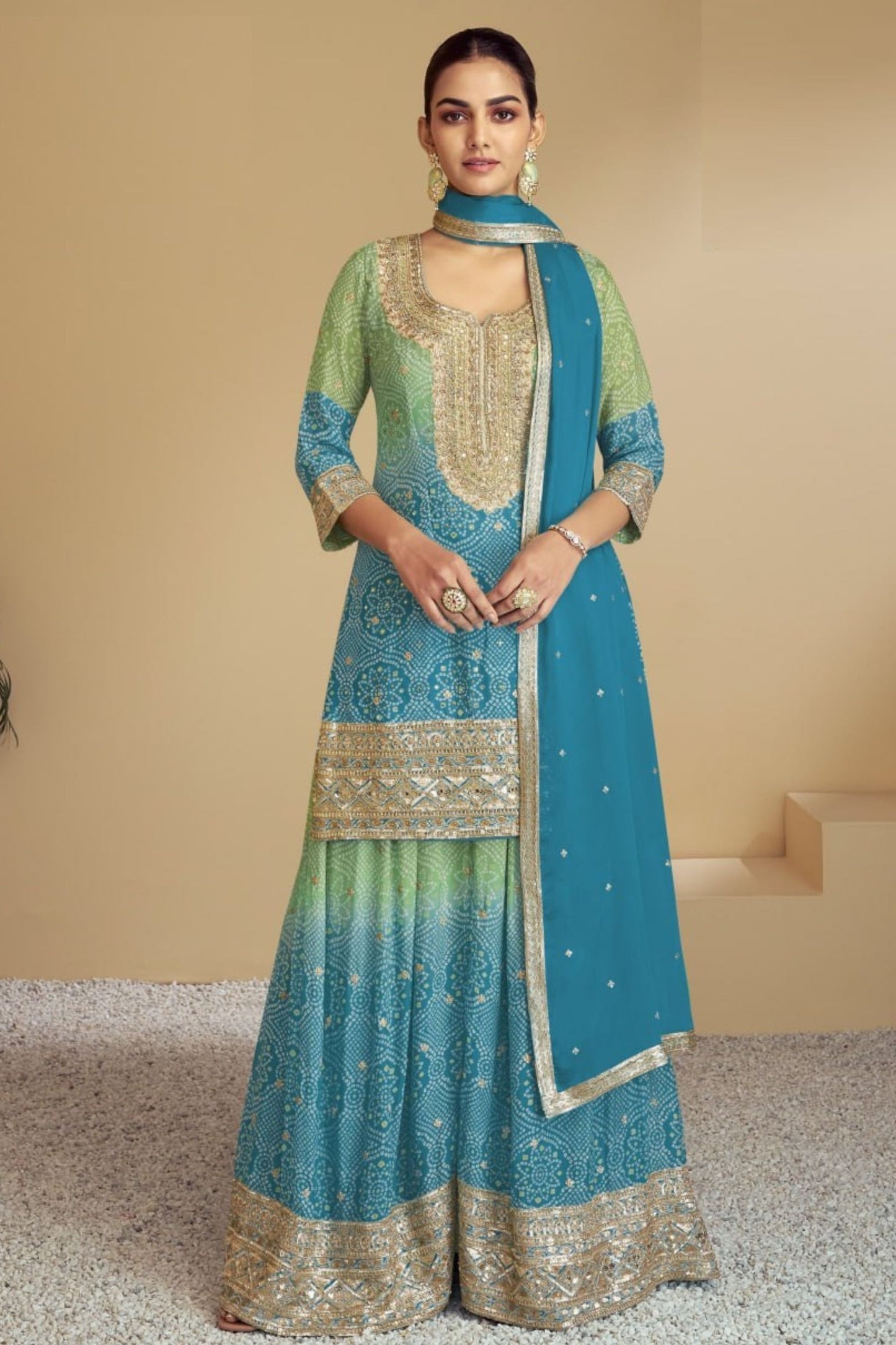 Sea Green Colored Heavy Chinon Salwar Kameez With Designer Printed Dupatta, Readymade Outfit - Marriott Fashion